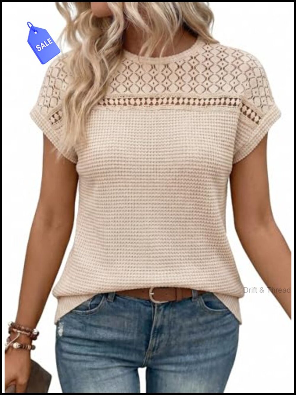 Dokotoo Waffle Knit Hollow Out Short Sleeve Loose Tunic Top
